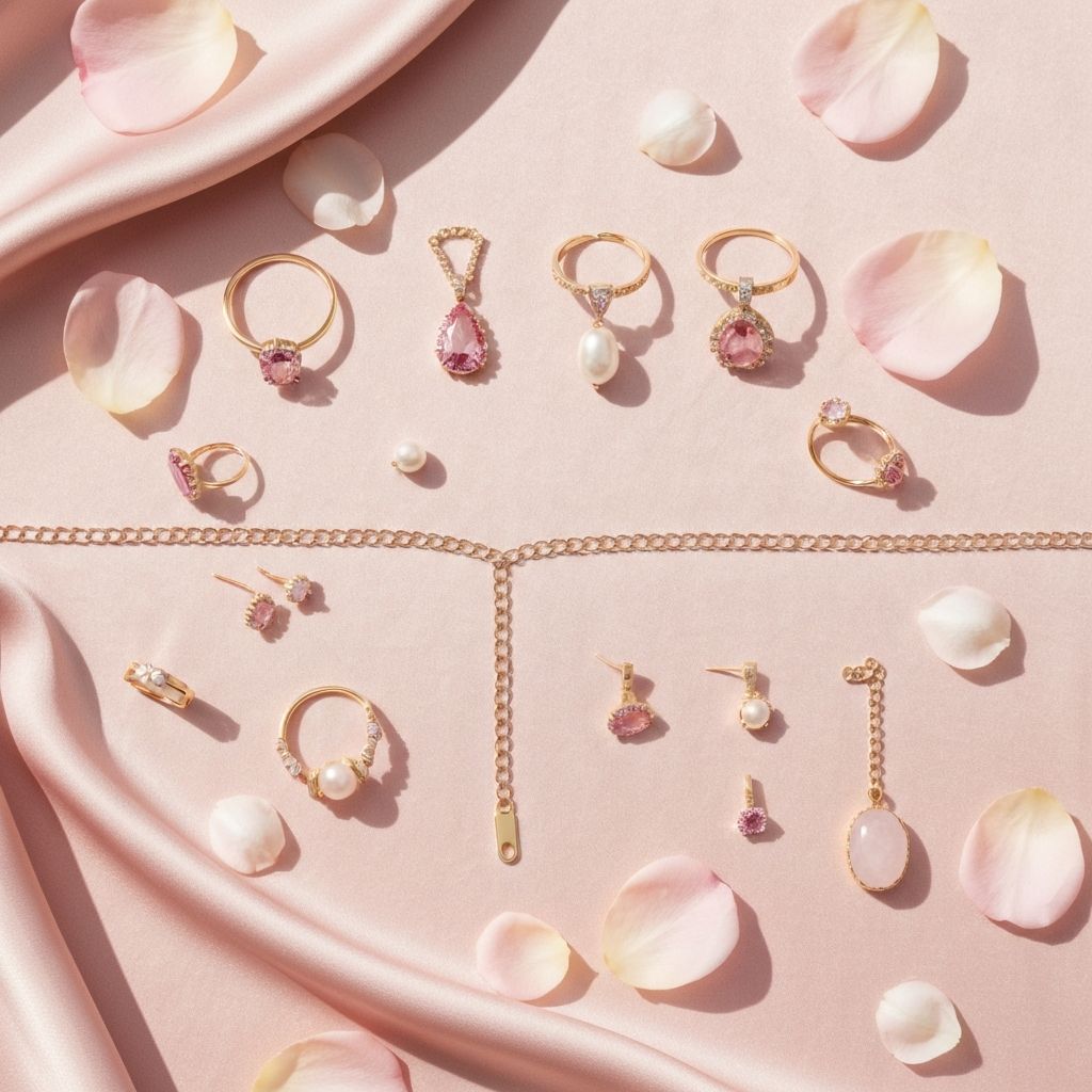 Glossy and Glow jewelry editorial flatlay