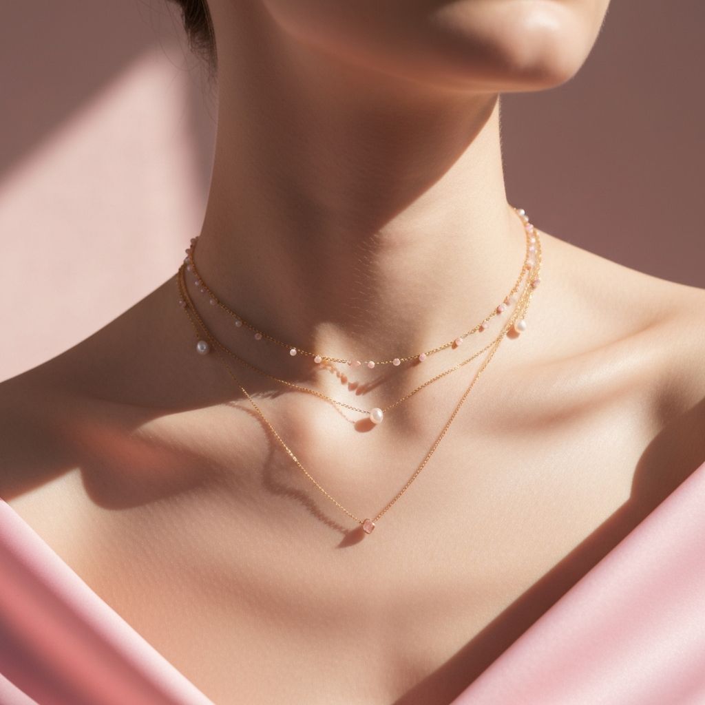 Layered silver necklaces on neckline